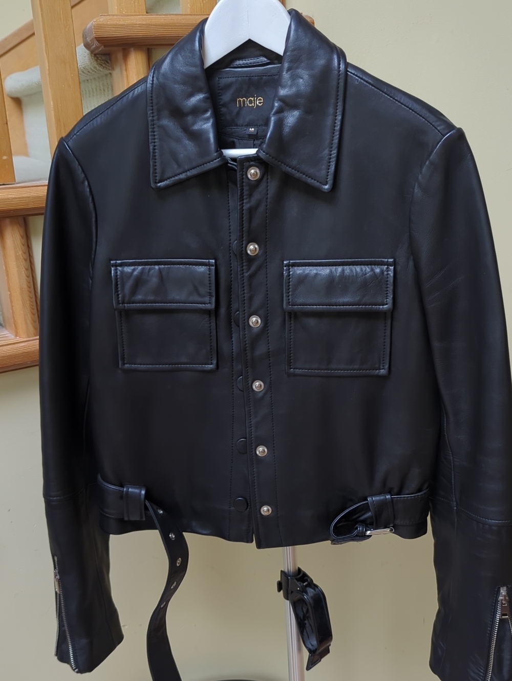 Maje Black Leather Pocket-Front Bomber Jacket
